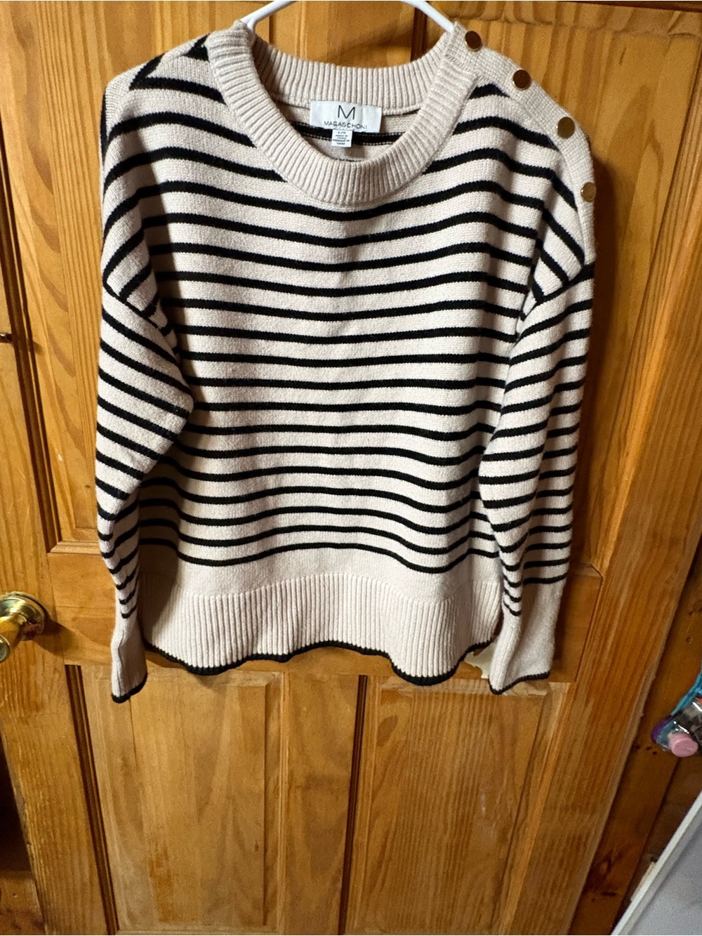 Magaschoni Cream and Black Striped Button-Shoulder Crewneck Sweater